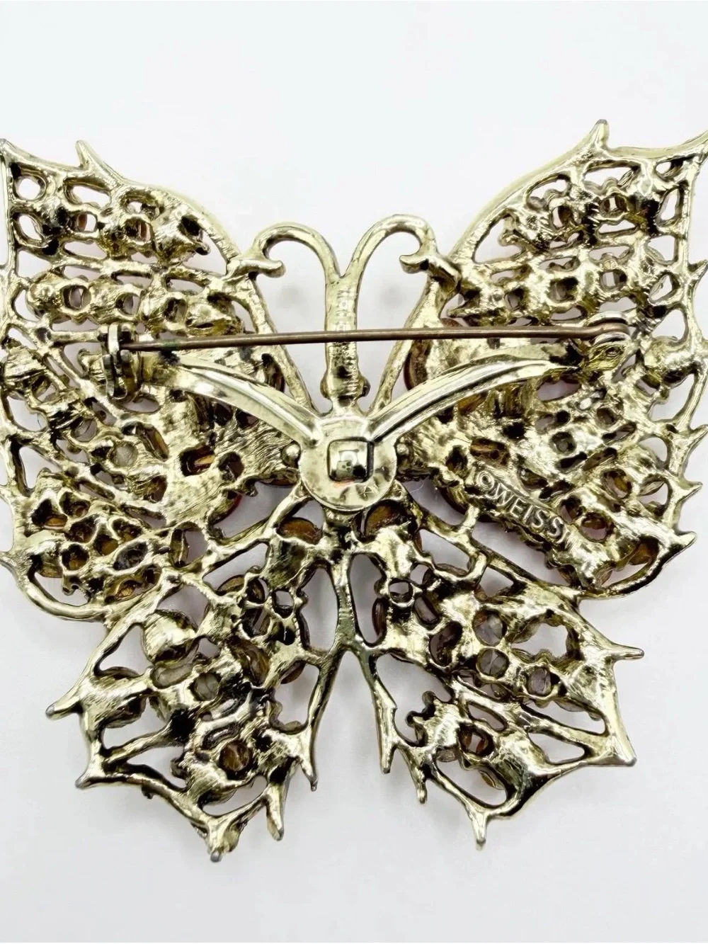 Vintage Weiss Pink, Red & Blue Butterfly Brooch with Gold-Tone Metal
